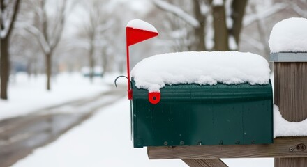 Snowy mailbox with red flag on quiet winter street.
