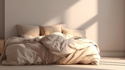 Beige crumpled duvet and pillows on a bed, bathed in warm sunlight in a minimal bedroom. Concept Beige crumpled duvet and pillows on a bed, Warm sunlight bathing a minimal bedroom