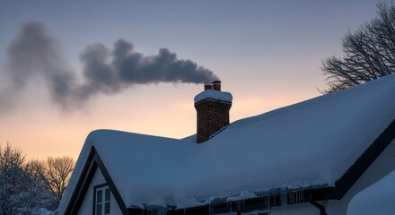 Snowy house chimney smoke in winter at dawn.