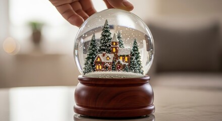 Hand holds festive Christmas snow globe winter scene.