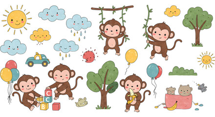 Cute kid's set with hand drawn monkey. Children's clip art. Stock baby illustration. Isolated animal set