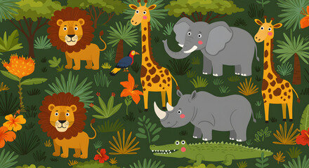 Seamless vector pattern with African animals and tropical plants. Includes lions, giraffes, elephants, birds, crocodiles, rhinos, and trees. Ideal for kids, textiles, and decor