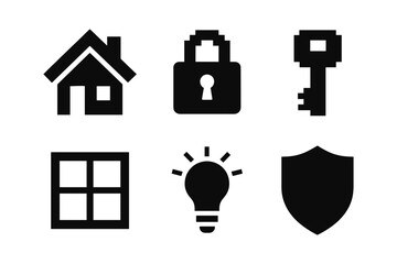 Set of security and home icons in black silhouette style