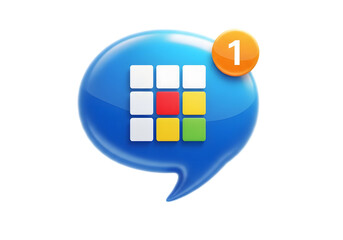 Blue speech bubble with colorful grid and notification isolated on transparent background