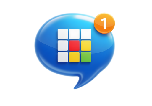 Blue speech bubble with colorful grid and notification isolated on transparent background