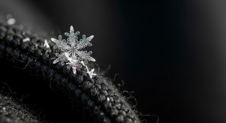 Detailed Macro Snowflake on Dark Textured Fabric.