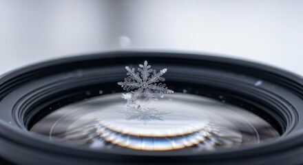 Macro Snowflake on Camera Lens with Winter Reflection.