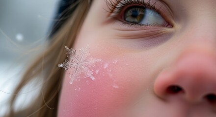 Childs face with snowflake with winter wonder.