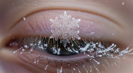 Macro winter eye Snowflake on eyelid with frosted lashes.
