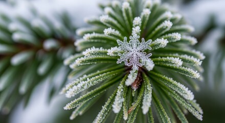 Macro Snowflake on Frosty Pine Branch Winter Nature.