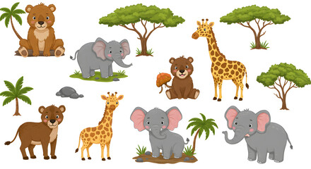 Cute African Jungle Animals Vector Set , Cartoon Wildlife Clipart for Kids, Nursery, and Education