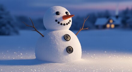 Smiling Snowman in Winter Wonderland at Dusk.