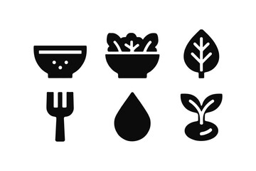 Minimalist plant-based food icons: bowl, leaf, fork, and seedling