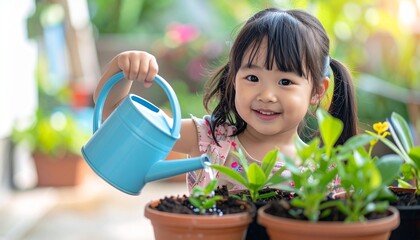 little girl watering flowers in garden