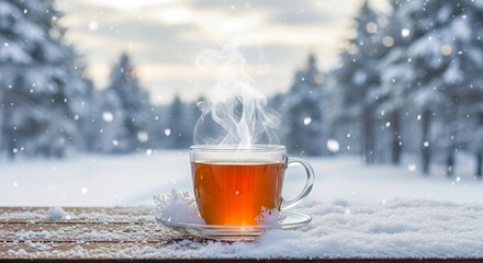 Steaming hot tea cup on snowy wooden table with winter forest.
