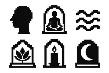 Obraz premium Retro pixel art icons of meditation and mindfulness with classic 8-bit style