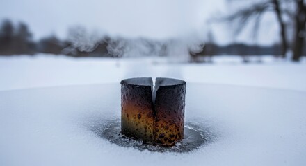Rusty pipe vent steam in snowy winter landscape.