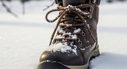 Brown winter hiking boot in fresh white snow.