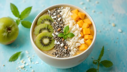 Colorful smoothie bowl topped with mango, kiwi, coconut flakes, chia seeds, and mint leaves, pastel background, soft daylight, photorealistic detail, perfect for summer, wellness, and vegan food theme