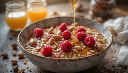 Warm oatmeal bowl garnished with fresh raspberries, almonds, and honey drizzle, cozy morning lighting, rustic table setting, inviting and wholesome mood, ideal for breakfast and nutrition imagery.