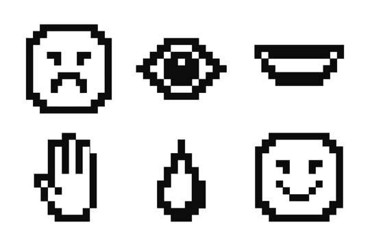 Retro pixel icons set featuring emoticons and classic objects