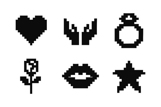 Retro pixel art icons: heart, wings, ring, flower, lips, star