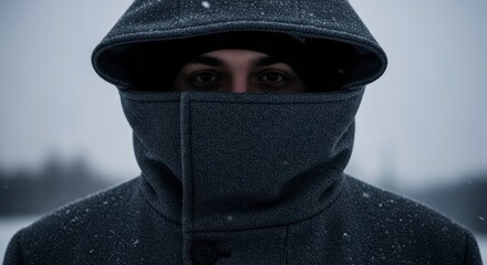 Mysterious Man in Winter Coat Snow Falling Cold.