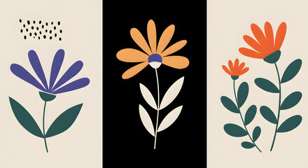 Modern abstract floral vector set. Collage contemporary set of elements. Hand drawn cartoon style flowers. Minimalism