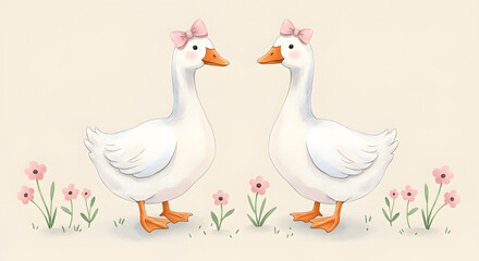 Charming watercolor geese, one with a bow. Perfect minimalist nursery art or baby product design in soft pastel colors
