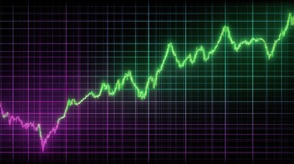 A colorful graph shows rising economic trends with green and purple lines against a grid background.