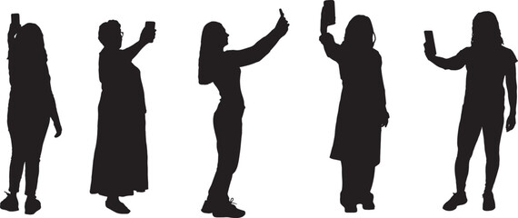 vector, silhouette of group of women taking a self-portrait with smartphone