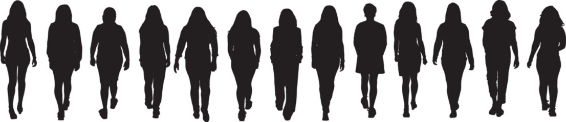 vector, silhouette of back view of group of women walking
