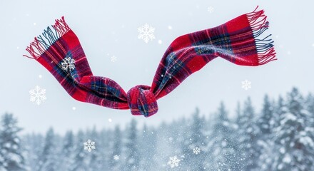Warm Plaid Scarf Floating in Snowy Winter Forest.