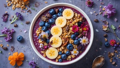 Bright acai bowl with granola, sliced banana, blueberries, and edible flowers, top-down view, modern food styling, colorful contrast, perfect for superfood and fitness concepts