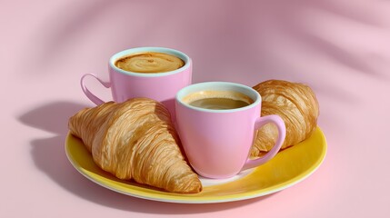 A plate with two cups of coffee and two croissants. The croissants are golden brown and the coffee is hot. The plate is on a pink background