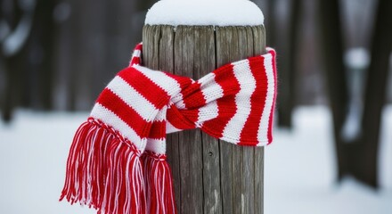 Festive red white scarf on snowy post in winter park.