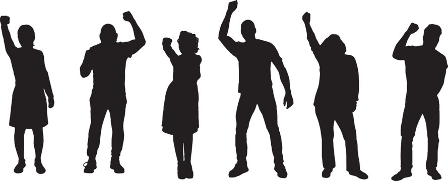 vector, silhouette of front view of a group of happy people raising a fist