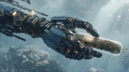 Advanced robotic hand holds a test tube filled with sand and particles underwater. Concept of marine exploration, scientific research, and futuristic robotic technology.