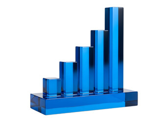 Blue crystal bar graph isolated on transparent background representing data visualization