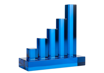 Blue crystal bar graph isolated on transparent background representing data visualization