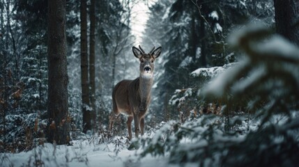 Obraz premium A snowy forest with a deer looking at the camera,