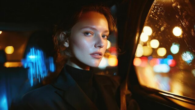 Portrait of a young woman in a car at night, with colorful bokeh city lights blurred outside the window. Concept Night car portrait, City lights bokeh, Young woman subject, Moody intimate vibe - Powered by Adobe