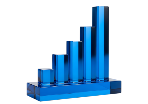 Blue crystal bar graph isolated on transparent background representing data visualization