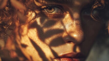 Close-up of a freckled face bathed in warm sunlight, with striped shadows across the face. Concept Close-up portrait, Freckled skin, Golden hour lighting, Striped shadow patterns, Natural sunlight