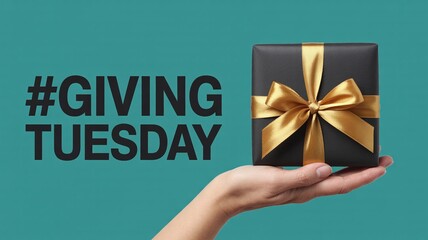 Giving Tuesday graphic with a luxury black and gold wrapped gift box held in a hand over a vibrant teal background for donations and charity.