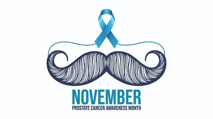 November Prostate Cancer Awareness Month Graphic with Hand-Drawn Blue Mustache and Teal Ribbon Symbol for Men's Health Campaigns (138 characters)