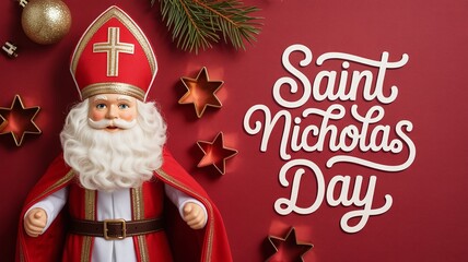 Saint Nicholas Day Traditional Greeting Card Design with Figure Doll and Elegant Typography on Red Background, Celebrating December 6 th