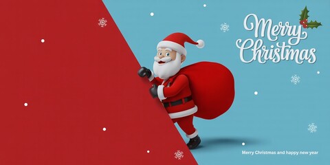 3D Render of Merry Santa Claus Peeking Around a Split Red and Blue Background While Carrying a Gift Sack, with Copy Space for Sale Text