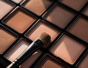 close up of pick up eyeshadow with brush in nude color of shadow plate