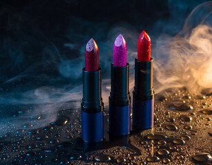 different color of lipstick dark background with smoke and water drops